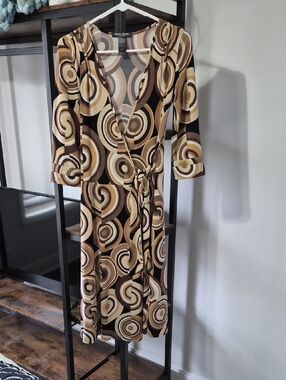 Bisou Bisou Brown and Cream Geometric Wrap Midi Dress